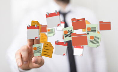 Abstract conceptual image about data management. Hand is touching floating folders and calendars, representing digital organization and workflow