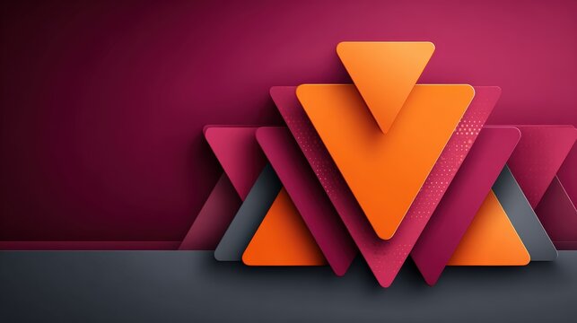Abstract geometric composition featuring layered triangles in vibrant colors against a maroon backdrop