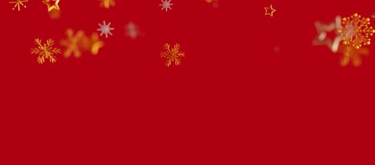 Christmas background of golden snowflakes and stars on a rich red backdrop ideal for holiday designs, celebrations, and winter themes.