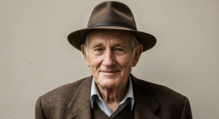 Portrait of an elderly gentleman wearing a hat and a brown jacket