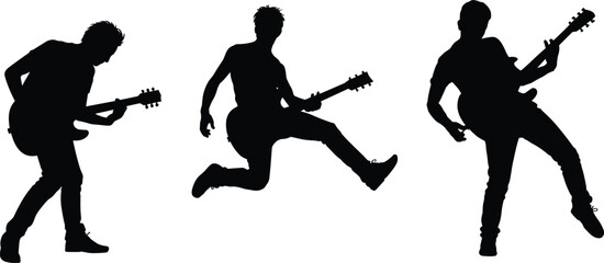 Energetic rock band guitar silhouettes, jumping musician performance, live concert stage action, dynamic music show, electric guitar players, rock festival crowd