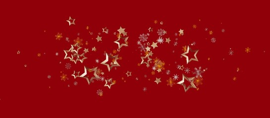 Elegant Christmas and New Year background featuring gold stars and snowflakes floating on a vibrant red backdrop. Perfect for holiday design pro