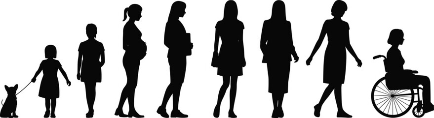 Female life stages silhouette, childhood to elderly woman, aging process, generational growth, woman evolution, family, motherhood, career, wisdom, healthcare, support