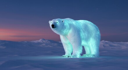 A majestic polar bear stands illuminated with a glowing, ethereal light against a serene, twilight arctic backdrop