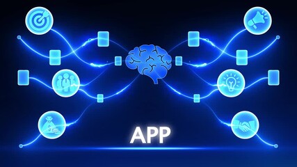 Digital network connecting brain icon to AP text with glowing lines and icons application software - Powered by Adobe