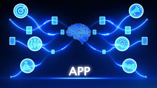 Digital network connecting brain icon to AP text with glowing lines and icons application software