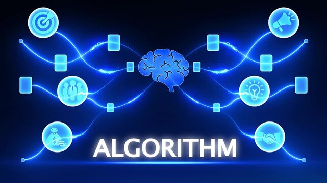Digital network connecting brain icon to ALGORITHM text with glowing lines and icons Algorithm