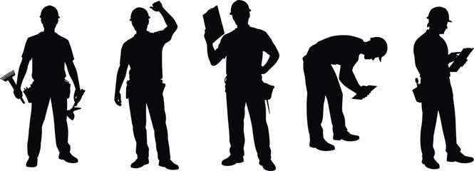 Silhouette construction workers with tools, teamwork, clipboard inspection, industrial labor, engineering, maintenance, occupational safety, teamwork collaboration, technical workforce,