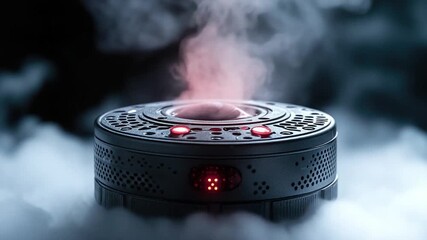 A smoke machine emitting fog with a bright red light on top, useful for photography and film sets
