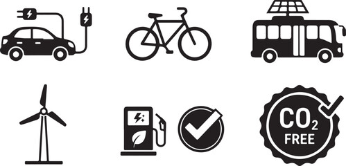 Eco-friendly transportation and green energy icons set for sustainable future vector