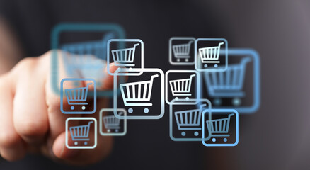 Hand interacting with digital shopping carts, representing online shopping, e-commerce, and digital transactions. Concept for buying, ordering,