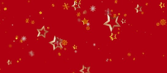 Christmas background with golden stars and snowflakes falling on a red background. Ideal for holiday greetings or website decoration. © vegefox.com