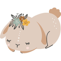 Cute beige bunny with closed eyes and floral crown on head lying down in muted earthy tones adorned with small dots and blush cheeks peaceful expression