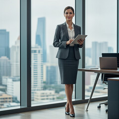 Fototapeta premium Confident Businesswoman Standing in Modern Office with Digital Tablet