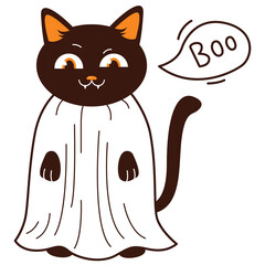 Cute Black Cat Wearing a White Ghost Costume With Boo Speech Bubble Ready for Halloween Celebrations
