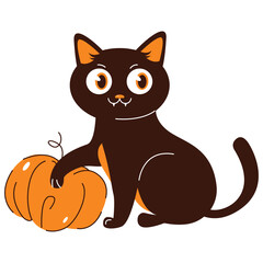 Cute Black Cat With Orange Eyes Posing With A Bright Orange Pumpkin In A Studio Setting With A White Background And A Transparent Background Layer