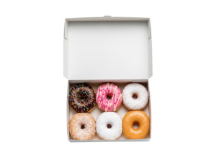Six assorted Donuts in White Bakery Box, High-Angle View