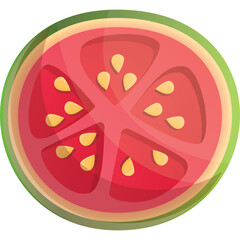 Cross section of a pink guava fruit showing its red pulp yellow seeds and green rind against a transparent background