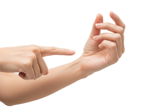 Two female Hands Interacting, One Pointing, the Other Posed to Hold Something Small