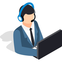 Customer Service Representative Wearing Blue Headset and Suit Sitting at Desk Using Laptop Computer