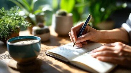 Hands holding open journal with gratitude notes, soft daylight on wooden table, pen nearby, mindful moment captured, gratitude writing, mental focus, mindfulness practice, personal