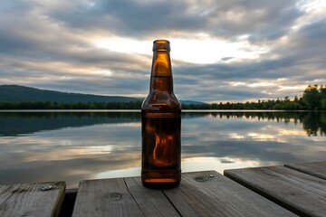 Amber glass beer bottle standing on weathered wooden planks with a serene lake and dramatic cloudy sky at sunset