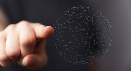 Abstract network of connections with hand touching a digital sphere. Illustrating concepts like...