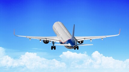 Airplane flying in blue sky, for travel concept