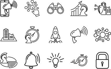 set collection of business and technology line icons including startup rocket, data analysis, network connection, time management, marketing, communication, and security symbols.