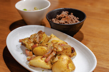 Homemade dinner with potatoes and bacon