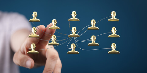 Concept of teamwork, connection, communication, and networking with a hand touching the network...