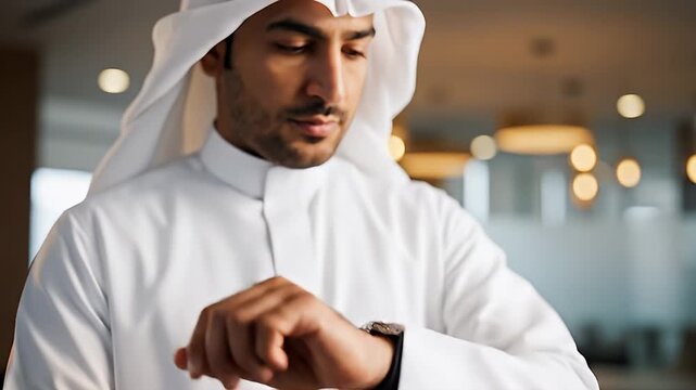 A man in traditional Middle Eastern attire adjusts his cufflink in an office setting