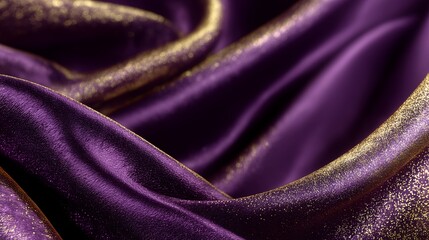 Luxurious deep purple silk fabric with rich folds and golden shimmer, creating a premium cinematic textile backdrop ideal for beauty branding, wedding invites, luxury packaging, 