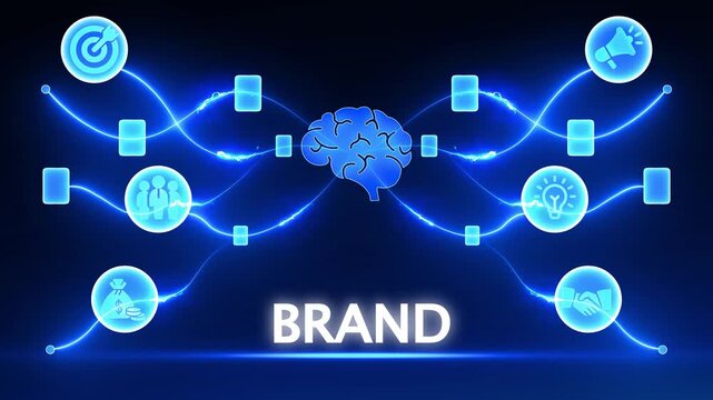 Blue digital brain connected by glowing neon lines to icons representing business concepts on a dark background with the word BRAND