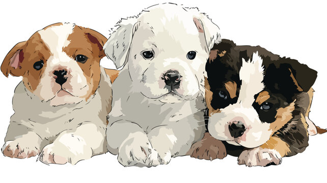 Adorable Vector Illustration of Cute Puppies with Outline Isolated on White Background