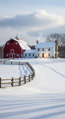 Idyllic Winter Farm Scene with a Classic Red Barn and White Farmhouse, Snow-Covered Landscape, Winding Wooden Fence, Footprints, and Smoke from Chimney under a Cloudy Blue Sky