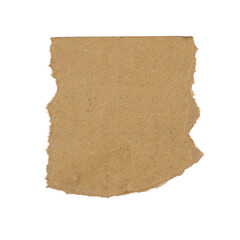 Torn brown cardboard paper piece isolated on white background, rough vintage texture scrap for collage, packaging, and craft design