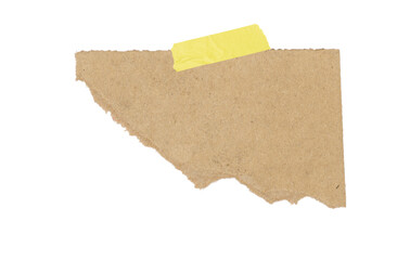 Torn brown cardboard paper piece with tape isolated on a white background, textured ripped note for craft design and message mockup