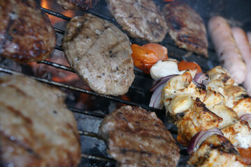Fresh cooked beef burgers, tasty fast BBQ food  