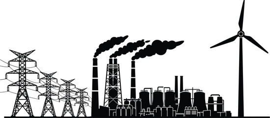 Silhouette vector illustration, energy production and distribution, power plant, smokestacks, transmission towers, wind turbine, renewable energy, industrial concept design
