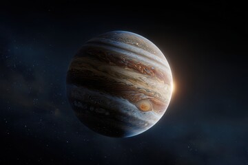 Massive gas giant planet with swirling storms and colored bands in conceptual outer space illustration
