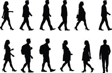 Silhouette vector illustration, people walking in motion, urban lifestyle, business and casual clothing, human movement, fashion design, crowd concept