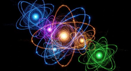 Vibrant atomic orbits with multicolored glowing trails against a cosmic black background