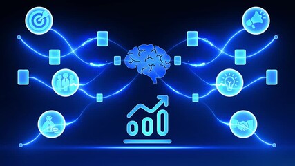 Digital Brain Network Connecting Growth Chart Icon with Glowing Blue Lines and Data Cubes Keywords: brain, mind, network, connection, growth, chart, graph, finance, investment, profit, success - Powered by Adobe