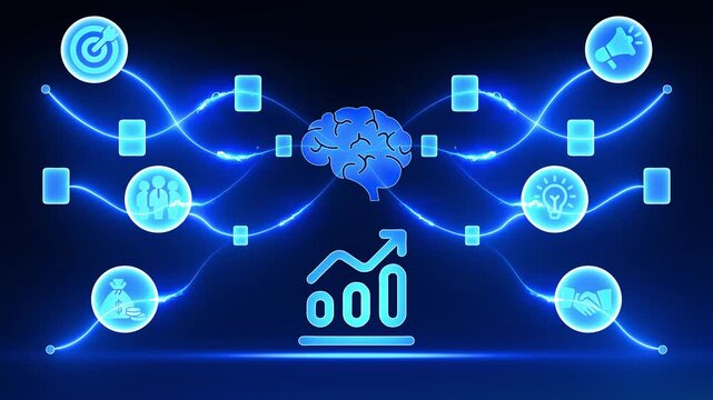 Digital Brain Network Connecting Growth Chart Icon with Glowing Blue Lines and Data Cubes Keywords: brain, mind, network, connection, growth, chart, graph, finance, investment, profit, success