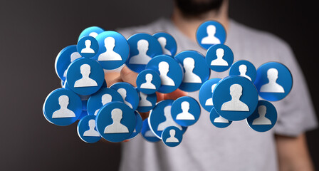 Hand holding social media icons, symbolizing digital networking and community building. Great for...