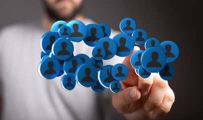 Concept of social network and communication. Man holding a virtual network of people with a connection. Symbol of team, teamwork, networking and