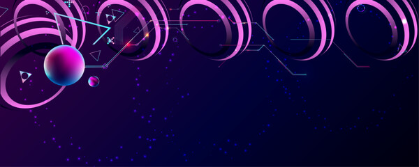 Dark retro futuristic cyberpunk elements abstraction background cosmos synthwave vaporwave retrowave glitch circle with blue and pink glows