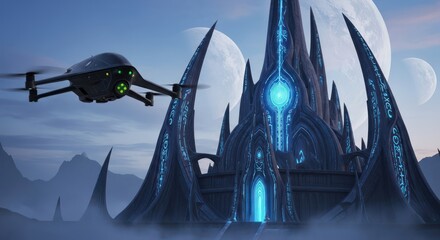 Futuristic drone explores alien structure amidst celestial moons a captivating digital artwork