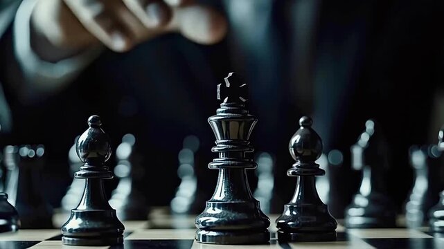 Strategic businessman making a decisive move with the black king piece on a chessboard, representing business planning, competition, leadership, and intellectual challenge in a competitive game